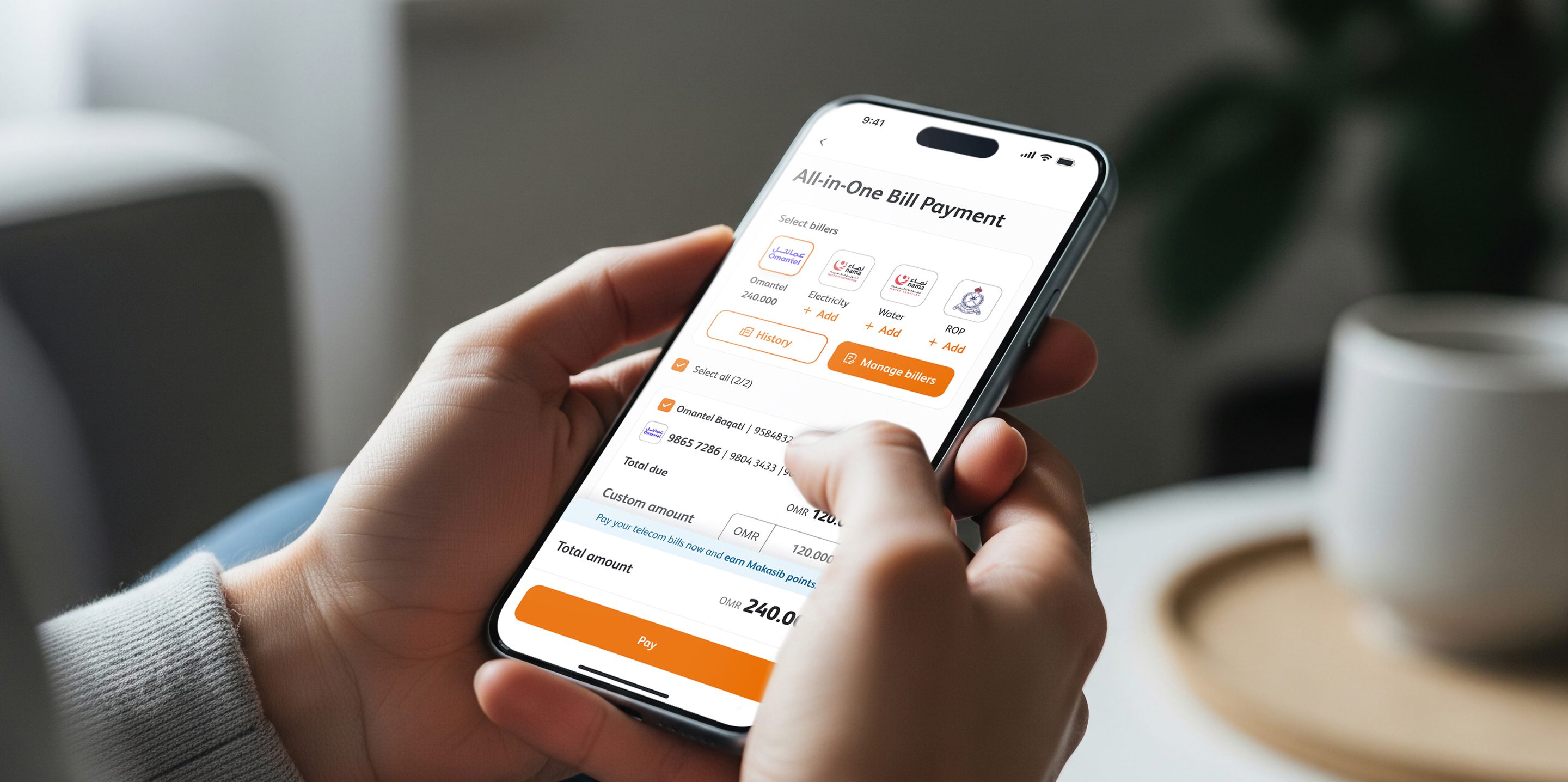 The Omantel super app bill payment experience shown across several iPhone screens